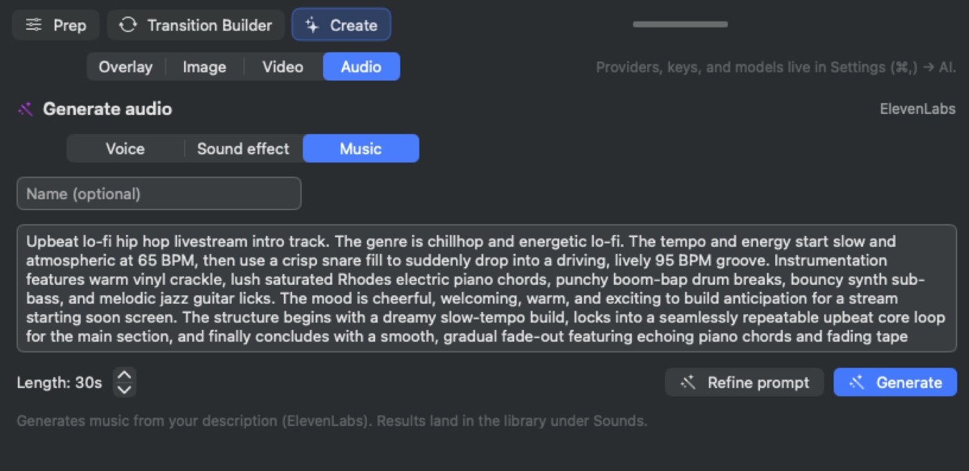 A detailed lo-fi hip-hop music prompt — engineered by the Refine Prompt button — ready to generate a 30-second stream intro track.