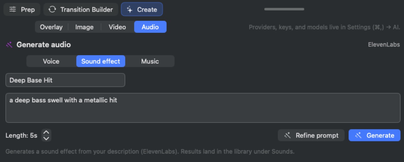 Create → Audio in the Media Studio: generating a sound effect named “Deep Base Hit” from the one-line description “a deep bass swell with a metallic hit”.