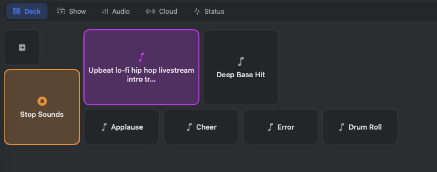 Deck sound pads: the generated lo-fi intro track playing, beside Deep Base Hit, Applause, Cheer, Error and Drum Roll tiles.