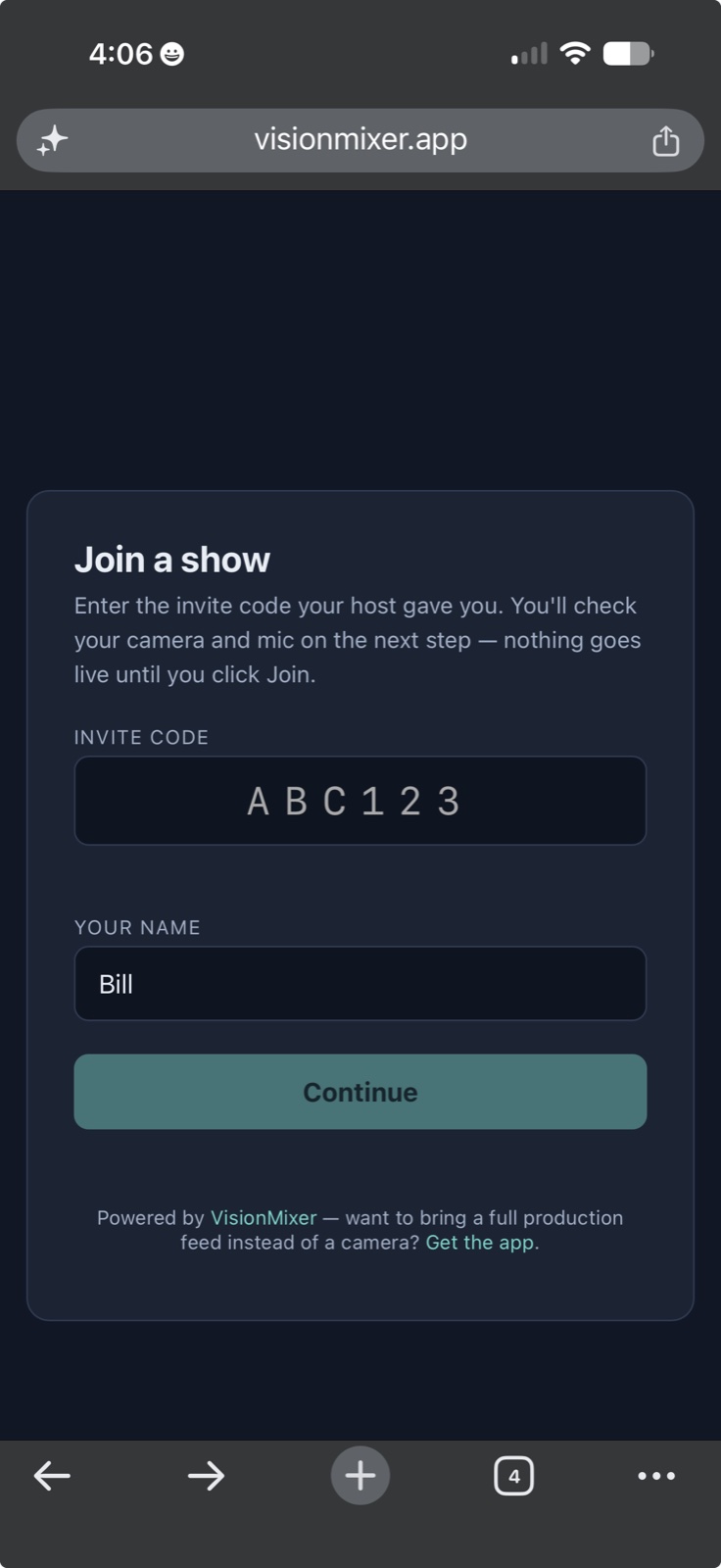 Joining a VisionMixer show from an iPhone: enter the 6-character invite code and a name — no account, no app required.