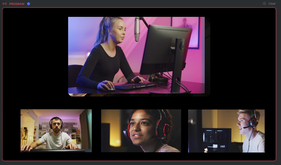 A produced VisionMixer program: the host on top with three remote cloud-show guests across the bottom of the scene.