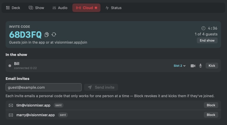 The VisionMixer Cloud tab while hosting: a large invite code, a guest roster with connection quality, scene-slot and kick controls, and email invites with one-click Block.