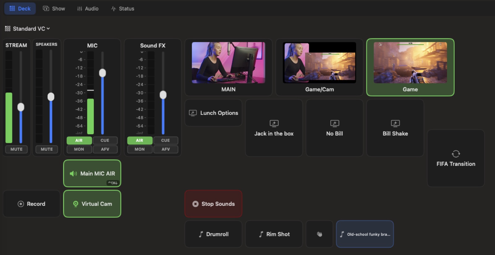 The VisionMixer Show Deck: a grid of scene tiles, sound pads and channel faders.