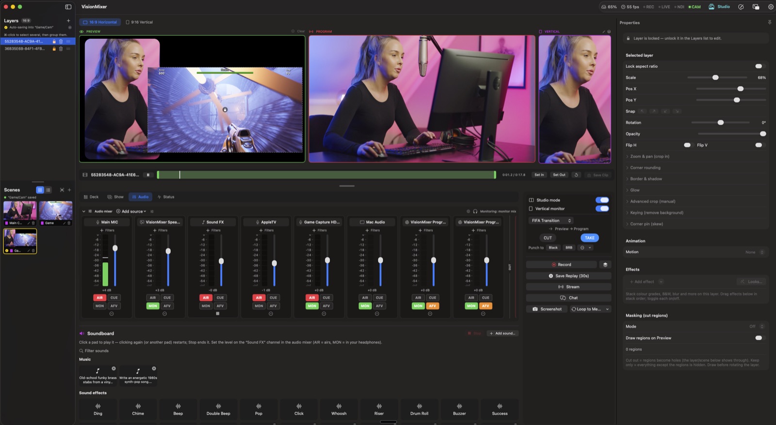 VisionMixer in studio mode running a gaming stream: a Preview monitor, a live Program monitor and a 9:16 vertical monitor, with the Take controls.