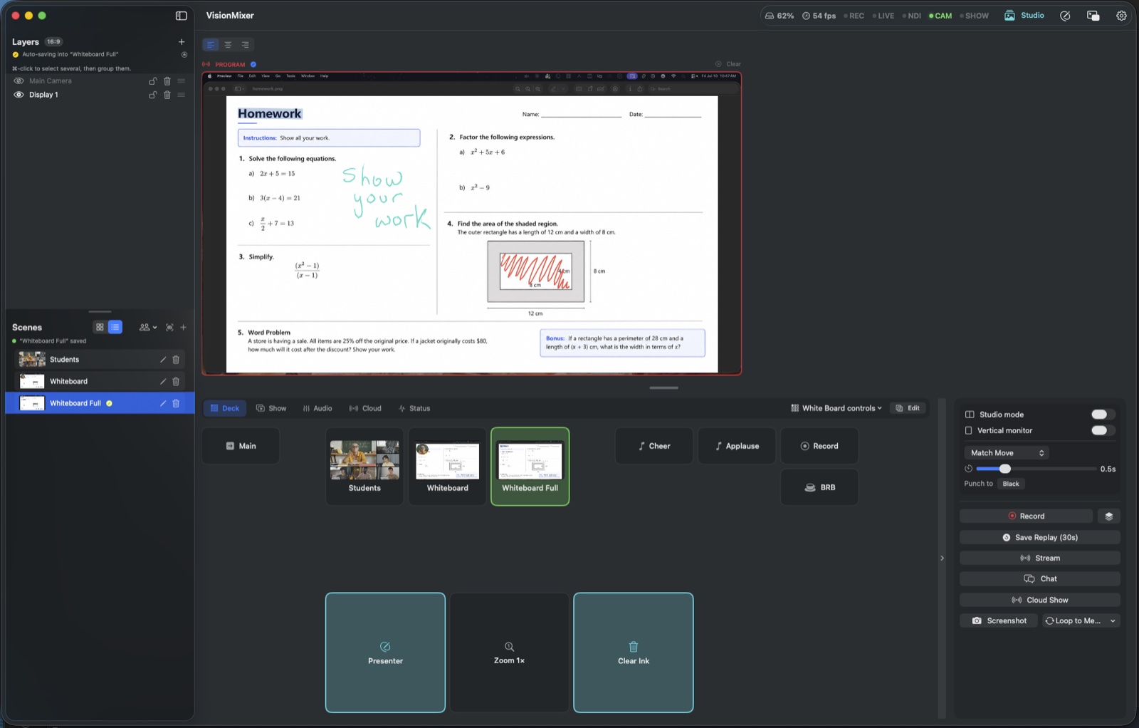 VisionMixer during a lesson: a homework worksheet live on Program with hand-drawn ink, lesson scenes named Students and Whiteboard, and a deck with whiteboard controls, cheer and applause sound pads, and Record.