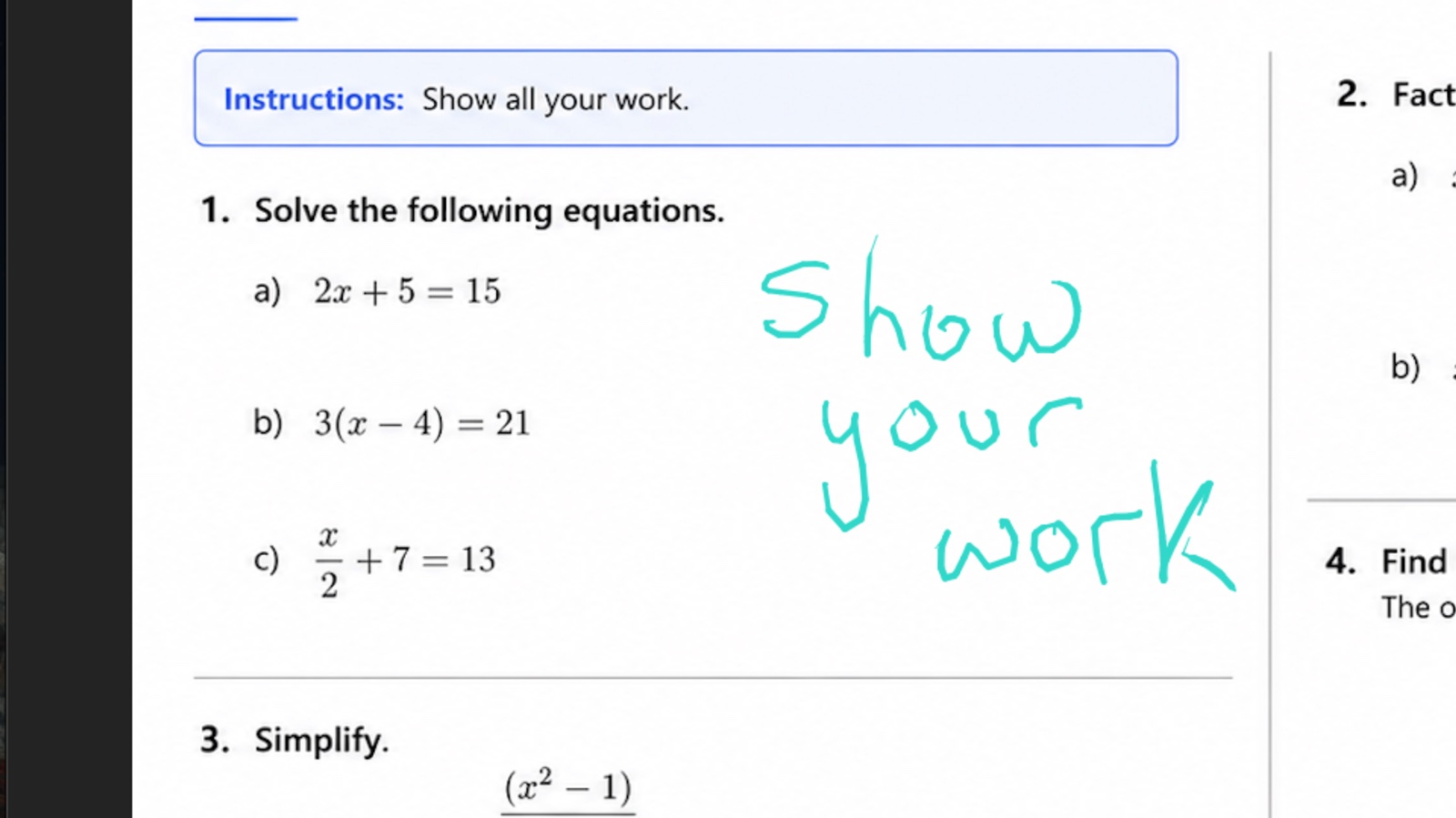 Zoomed into a homework worksheet mid-lesson, with “Show your work” hand-written in teal ink over the page.