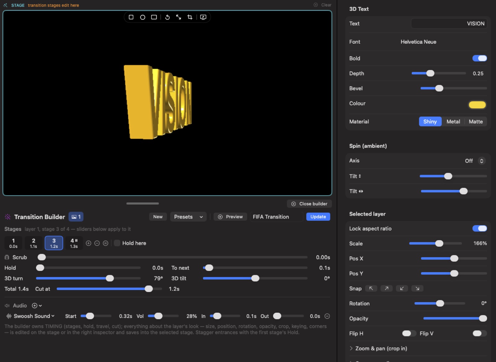 The VisionMixer transition builder with a 3D title on stage and a keyframed animation timeline.